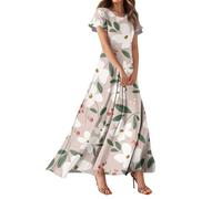 Strandkleid Damen Luftig, Kleid Damen Sommer, Blumenmuster Rundhals Kurzarm Maxi Kleider Sommer A-Linie Strandkleid Elegant Swing Lang Kleid Leicht Und Luftig Freizeitkleid High Waist Damenkleider