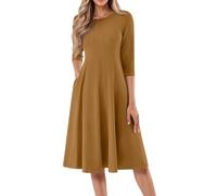 Strandkleid Damen Luftig,Kleid Sommer Kurzarm V-Ausschnitt Cocktailkleid Elegant Freizeitkleid Wickelkleid Rundhals 3/4 Ärmel Sommerkleid Midikleid A-Linie Kleider Mit Tasche(1-Hellbraun,S)