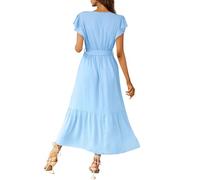 Strandkleid Damen luftig Kleid weiß lang Beach Dress Einfarbig V-Ausschnitt Rüschen Kurzarm Midi blumenkleid(Hellblau, XL)