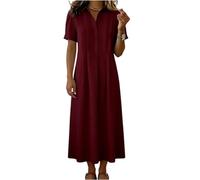 Strandkleid Damen Luftig, Kleider Locker V-Ausschnitt Kurzarm Blusenkleid Sommer Kleid Einfarbige Rever Plissee Midikleid Freizeitkleid Elegant A Linie Partykleid (Weinrot, XXL)