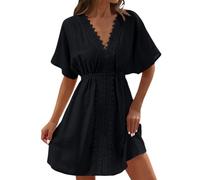 Strandkleid Damen Luftig Kurz Boho Kleid Sommer Häkel Spitze V Ausschnitt Ibiza Sommerkleid Damen Elegant A Linie Bohemian Kleider Kurzarm Hohe Taille Sommerkleider Frauen Leicht Und Luftig