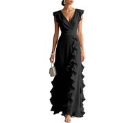 Strandkleid Damen Luftig Sommerkleid Damen Cocktailkleid Lang V Ausschnitt Wickeloptik Flatterärmel Rüschen Chiffon Tailliert Elegant M Black