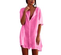 Strandkleid Damen Luftig Strandkleider Sommer Strandtunika Baumwolle Bikini Cover Up Strandponcho Große Größen Rund Ausschnitt Knopfleiste Kurzarm Blusenkleid Pareo Strand Shirt für Urlaub