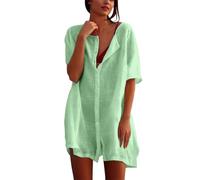 Strandkleid Damen Luftig Strandkleider Sommer Strandtunika Baumwolle Bikini Cover Up Strandponcho Große Größen Rund Ausschnitt Knopfleiste Kurzarm Blusenkleid Pareo Strand Shirt für Urlaub