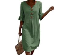 Strandkleid Damen Luftig,Tailliertes Midikleid Cocktailkleid Elegant Vintage Einfarbige Linenkleid Midikleid V-Ausschnitt Halbarm Sommer Kleid Freizeitkleid Knopf Locker Baumwoll Linen Kleider(Grün,M)