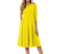 Strandkleid Damen Luftig, Tailliertes Midikleid Sommerkleid Lang Sommer Elegant Freizeitkleid Wickelkleid Rundhals 3/4 Ärmel Midikleid Lose A-Linie Kleider Mit Tasche Leichtes (2-Gelb, L)