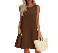 Strandkleid Damen LuftigDamen Sommerkleid Tshirt Kleid Elegant Rüschen Einfarbig Ärmellos Rundhals Cut-Outs Knopfleiste Hinten Kurz Minikleid Mit Taschen A Linie(Braun,S)