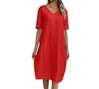 Strandkleid Damen maxikleid Damen Kleid sexy ballkleid Damen lang Einfarbig V-Ausschnitt Button Down Halben Ärmel Tunika Kleid mit Tasche Strandkleid luftig hemdkleid (Verrotten, M)