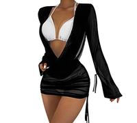 Strandkleid Damen Sexy Durchsichtig: Netzkleid Damen Langarm Cardigan Kurz Schwarz Bikini Cover Up Sexy Strand Rock Bikini Bluse Lockeres Kleid Netzkleid Für Urlaub Mesh Pareos Sommerkleid/Bademode