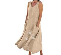 Strandkleid Damen Sommer Ärmellos Kleid Blumenmuster Sommerkleid Boho Knielang Kleider Casual A Linie Blumenkleid Rundhals Midikleid Große Größen Freizeitkleid Leinenkleider Tunika Kleid Midi Dress