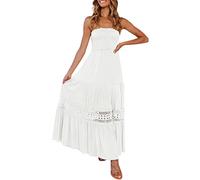 Strandkleid Damen Sommer - Bandeau Kleid Lang Schulterfreies Sommerkleid Sexy Trägerlos Off Shoulder Rückenfrei Spitzenbesatz Maxikleid Swing A Line Langes Kleider Boho Kleid Partykleid