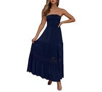 Strandkleid Damen Sommer - Bandeau Kleid Lang Schulterfreies Sommerkleid Sexy Trägerlos Off Shoulder Rückenfrei Spitzenbesatz Maxikleid Swing A Line Langes Kleider Boho Kleid Partykleid