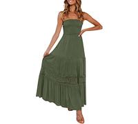 Strandkleid Damen Sommer Bandeau Kleid Lang Schulterfreies Sommerkleid Sexy Trägerlos Off Shoulder Rückenfrei Spitzenbesatz Maxikleid Swing A Line Langes Kleider Partykleid (Grün, M)