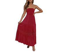 Strandkleid Damen Sommer Bandeau Kleid Lang Schulterfreies Sommerkleid Sexy Trägerlos Off Shoulder Rückenfrei Spitzenbesatz Maxikleid Swing A Line Langes Kleider Partykleid (Rot, XXL)