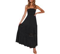 Strandkleid Damen Sommer - Bandeau Kleid Lang Schulterfreies Sommerkleid Sexy Trägerlos Off Shoulder Rückenfrei Spitzenbesatz Maxikleid Swing A Line Langes Kleider Boho Kleid Partykleid