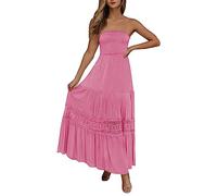 Strandkleid Damen Sommer - Bandeau Kleid Lang Schulterfreies Sommerkleid Sexy Trägerlos Off Shoulder Rückenfrei Spitzenbesatz Maxikleid Swing A Line Langes Kleider Boho Kleid Partykleid