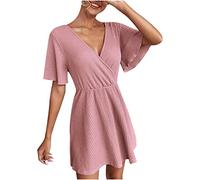 Strandkleid Damen Sommer Geschenke für Frauen Boho Lang Lose Sommerkleid Elegant Casual A-Linie Kleid Sommer Kurzarm Leinenkleider Baumwolle Leinen Blusenkleid meine bestellungen anzeigen Rundhal