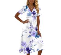 Strandkleid Damen Sommerkleid Damen Knielang Maxikleid Blumenmuster Strandkleid Baumwolle Blusenkleid Tunika Kleid Damenkleider Sommer Lang Boho Kleid Weiß Dress For Women Outfit Für Abiball Mutter