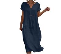 Strandkleid Damen Sommerkleid Damen Leinenkleid Midi Kleid Leicht und Luftig Musselin Kleid V-Ausschnitt Kurzarm Etuikleid mit Knopf Weich Shirtkleid Einfarbig Midikleid Hohe Taille Sommerkleid