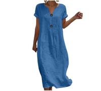 Strandkleid Damen Sommerkleid Damen Leinenkleid Midi Kleid Leicht und Luftig Musselin Kleid V-Ausschnitt Kurzarm Etuikleid mit Knopf Weich Shirtkleid Einfarbig Midikleid Hohe Taille Sommerkleid