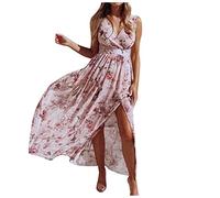 Strandkleid Damen Strand Flowy Kleider für Frauen Sommer Floral Chiffon V-Ausschnitt ärmellos Split Plissee Saum Swing Lange Kleider Rosa L EU 38