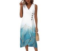 Strandkleid, Damen Tailliertes Midikleid Cocktailkleid Elegant Midikleid Ärmelloses V Ausschnitt Sommerkleid Wickelkleid Druck Sommer Partykleid Strandkleid Knopf Luftig Hohe Taille (2-Weiß, M)