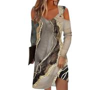 Strandkleid hemdkleid musselin Kleid Muster Drucken V-Ausschnitt Cold Shoulder Langarm Knielang Freizeit mädchen festlich polokleid（Khaki, 3XL
