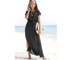 Strandkleid LASCANA "aus leicht transparenter Webware mit hohen Schlitzen", Damen, Gr. 38, N-Gr, schwarz, Web, Obermaterial: 100% Viskose, unifarben, figurumspielend bodenlang, Rundhals, Kleider Stran