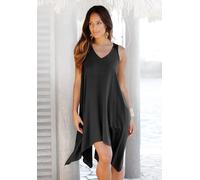 Strandkleid LASCANA, Damen, Gr. 1, N-Gr, schwarz, Web, Obermaterial: 100% Viskose. Spitze: 100% Baumwolle, unifarben, figurumspielend kurz, Rundhals, Kleider Strandkleid, mit Spitze im Rücken, Longshi