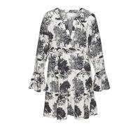 Strandkleid LASCANA, Damen, Gr. 36/38, N-Gr, blau (creme, schwarz), Web, Obermaterial: 100% Viskose, bedruckt, figurumspielend ca. Mitte Oberschenkel, Rundhals, Volant, Kleider Strandkleid, mit Allove