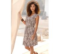 Strandkleid LASCANA, Damen, Gr. 38, N-Gr, braun (braun bedruckt), Jersey, Obermaterial: 100% Viskose, bedruckt, figurumspielend kniefrei, V-Ausschnitt, Flügelärmel, Kleider Strandkleid, mit Alloverpri