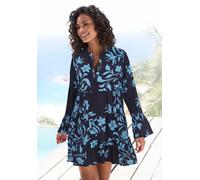 Strandkleid LASCANA, Damen, Gr. 40/42, N-Gr, blau (blau, marine bedruckt), Web, Obermaterial: 100% Viskose, bedruckt, figurumspielend ca. Mitte Oberschenkel, Rundhals, Volant, Kleider Strandkleid (603