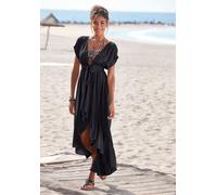 Strandkleid LASCANA, Damen, Gr. 42, N-Gr, Kurzarm, Web, schwarz, Web, Obermaterial: 100% Modal, figurumspielend knöchelfrei, tiefer V-Ausschnitt, Kleider Strandkleid, mit Bändern zum Knoten (30015043-