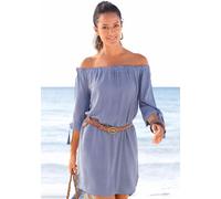 Strandkleid LASCANA "mit Carmenausschnitt und 3/4-Ärmeln aus gewebter Viskose, Blusenkleid", Damen, Gr. 40, N-Gr, blau (blau, weiß), Web, Obermaterial: 100% Viskose, gestreift, figurumspielend ca. Mit