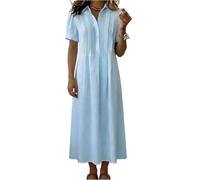 Strandkleid, Maxikleid Damen Sommerkleid Locker V-Ausschnitt Kurzarm Blusenkleid Sommer Kleid Einfarbige Rever Plissee Midikleid Freizeitkleid Elegant A Linie Partykleid (Hellblau, S)