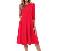 Strandkleid, Midikleid Damen Sommerkleider Leicht Und Luftig Sommer Elegant Freizeitkleid Wickelkleid Rundhals 3/4 Ärmel Sommerkleid Lose A-Linie Kleider Mit Tasche Leichtes (2-Zinnober, M)