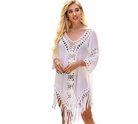 Strandkleid Rückenfrei Damen Fransen Bikini Cover Up Kleid Strand Gehäkelte Strandkleider Damen Sommer Strandkleid Gehäkelt Boho Kurzarm Große Größen Swim Beach Cover Ups Übergröße Sommer Locker Weiß