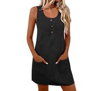 Strandkleid Rundhals Tunikakleid Knöpfe Freizeitkleid Mit Taschen Sommerkleid Ärmellos Locker Leinenoptik Alltag Casual Black XL