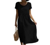 Strandkleid, Sommerkleid Damen Knielang Kurzarm Kleider Einfarbige V-Ausschnitt Sommer Kleid Freizeitkleider Loose Hallow Out Leichtes Midikleid Sommerkleider Casual (2-Schwarz, S)