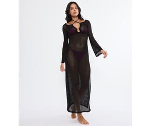 Strandkleid TRIUMPH "Beach MyWear Crochet Long Dress LSL", Damen, Gr. 44, N-Gr, schwarz, Strick, Obermaterial: 95% Polyester, 5% Elasthan, Kleider Strandkleid, weiches Häkeldesign (91749626-44) schwar