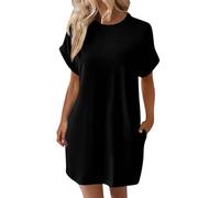 Strandkleider 5 Style Damen Kleider Strandkleid lang Damenkleider Sommer Knielang Elegant Einfarbig Rundhals Kurz Ärmel Shirt Kleid Renaissance Bandeau（Schwarz, S