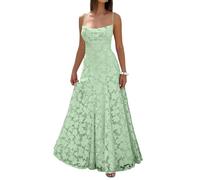 Strandkleider Damen Sommer Festliches Kleid Damen Elegant für Hochzeit Gast Abendkleid Lang Spitze Sexy Maxikleid Spaghettiträger Quadratischer Ausschnitt Jacquard Chic L Light Green