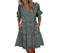 Strandkleider Damen Sommer Sommerkleid Damen Kurz Kleider Frauen Sommerkleider Boho A-Linien Volant T Shirt Kleid Damen Sommer Strandkleid Kurzes Tshirt Kleid V Ausschnitt Minikleid Damen Grün L