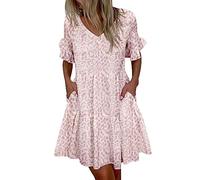 Strandkleider Damen Sommer Sommerkleid Damen Kurz Kleider Frauen Sommerkleider Boho A-Linien Volant T Shirt Kleid Damen Sommer Strandkleid Kurzes Tshirt Kleid V Ausschnitt Minikleid Damen Rosa XL