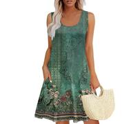 Strandkleider Damen Sommer, Strandkleid Damen Luftig Maxikleid Elegant Vintage Blumendruck Rundhals Ärmelloses Tank Kleid Mit Taschen Loose A Linie Tunikakleid Leicht Und Luftig Minikleid Tunika