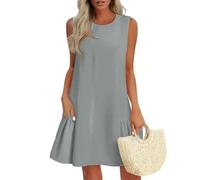 Strandkleider Damen SommerSpaghettiträger-Kleid Kleid Sommer Elegant Rüschen Einfarbig Ärmellos Rundhals Cut-Outs Knopfleiste Hinten Kurz Minikleid Mit Taschen Kurze Kleider Festlich(Hellgrau,L)
