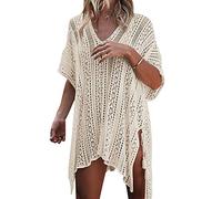 Strandkleider Damen Strandkleid Strick Kaftan Tunika Strandtunika Boho Sommerkleider Kurz Strandponcho V-Ausschnitt Bikini Cover Up Große Größen Strandbekleidung Beachkleider Kleid Strand Aprikose