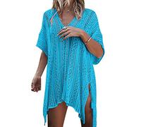 Strandkleider Damen Strandkleid Strick Kaftan Tunika Strandtunika Boho Sommerkleider Kurz Strandponcho V-Ausschnitt Bikini Cover Up Große Größen Strandbekleidung Beachkleider Kleid Sommer Strand Blau