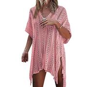 Strandkleider Damen Strandkleid Strick Kaftan Tunika Strandtunika Boho Sommerkleider Kurz Strandponcho V-Ausschnitt Bikini Cover Up Große Größen Strandbekleidung Beachkleider Kleid Sommer Strand Rosa