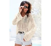 Strandpullover S.OLIVER, Damen, Gr. 40/42, beige (sand), Strick, Obermaterial: 60% Baumwolle, 40% Polyester, leicht transparent, unifarben, figurumspielend hüftlang, tiefer V-Ausschnitt, weit, Pullove